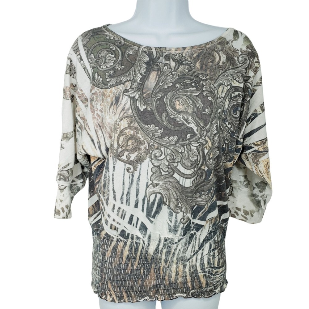 Body Central‎ Boutique Top Women S Beige Baroque Animal Print Dolman Smocked Hem